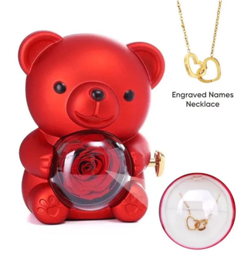 Teddy Bear Eternal Gifts with Necklace Rotate Rose Jewelry Box Valentine Wedding Storage Gift Case
