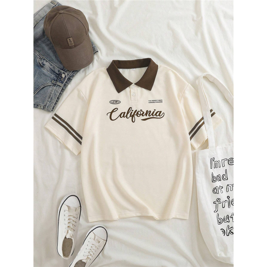 INAWLY Letter Graphic Contrast Collar Tee Graphic Tees Women Tops POLO