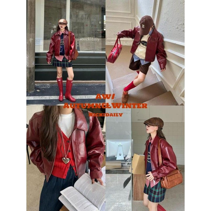 Shanmieleng Encore เสื้อแจ็คเก็ตหนังสีแดงผู้หญิงฤดูใบไม้ผลิฤดูใบไม้ร่วง Dopamine Retro High-End แฟชั่นหลวมเสื้อหนังสั้นชุดรถจักรยานยนต์