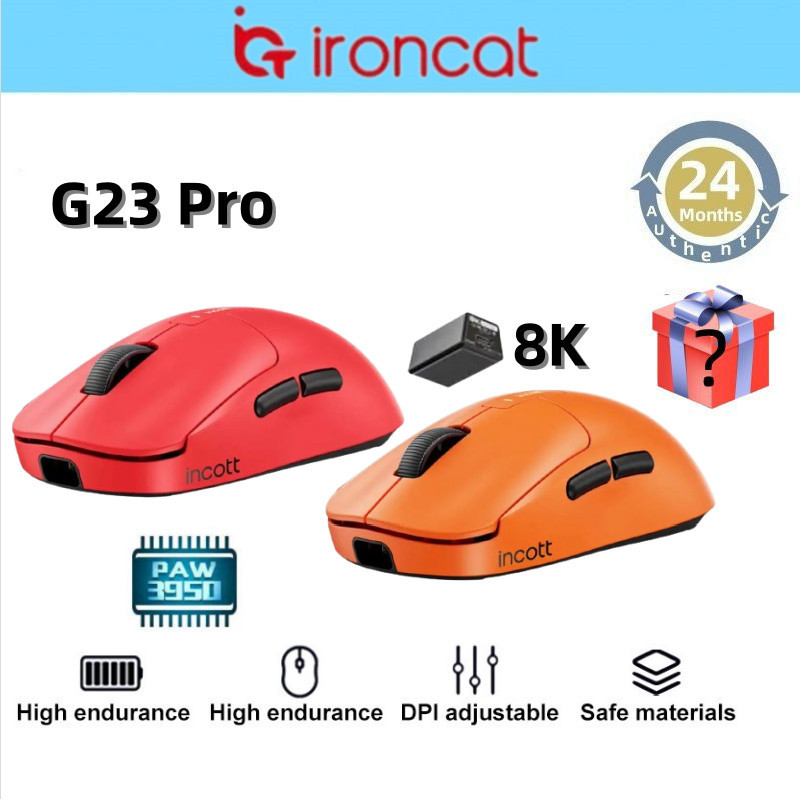 Incott G23 Pro hot swappable esports 3950 เมาส์ 8K เกมเฉพาะเมาส์ไร้สาย paw3395 G23 สีส้ม 3395 + รอง
