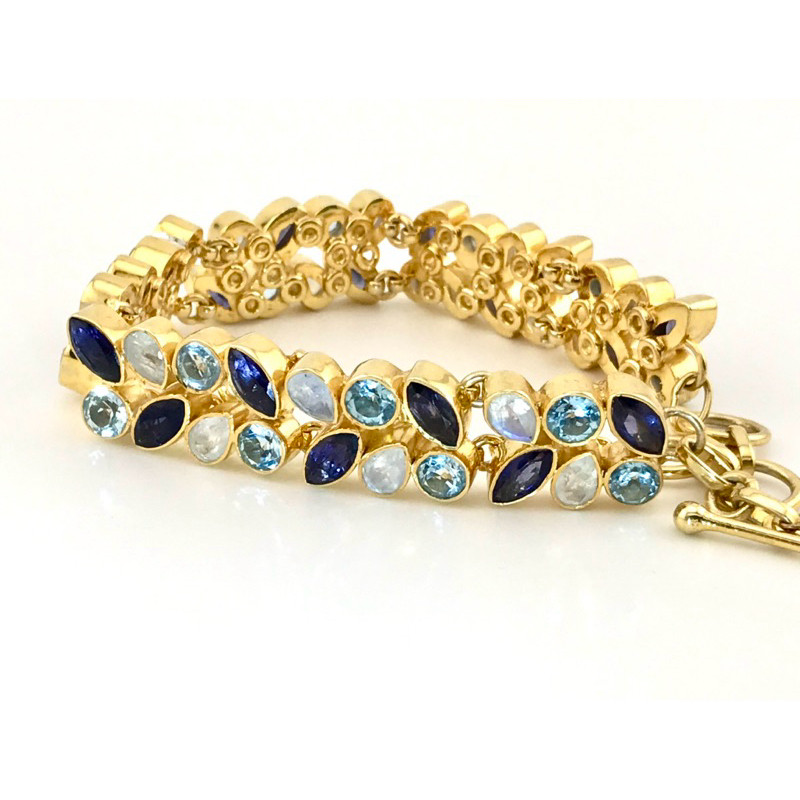 KJ090 สร้อยข้อมือพลอยแท้ 100% Iolite, Blue Topaz & Moonstone ปรับระดับได้ 7.5-8นิ้ว