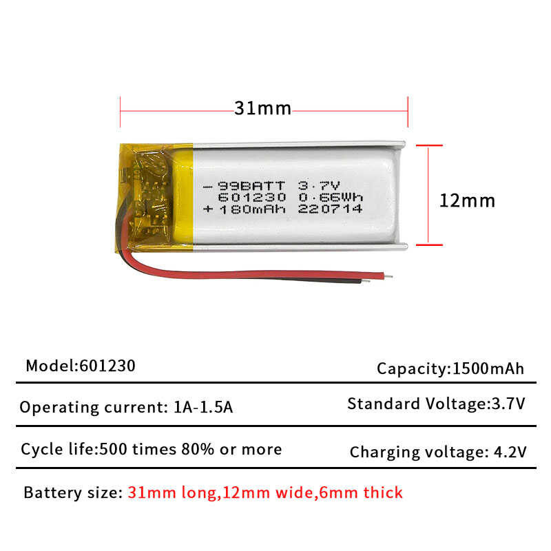 Δ ใหม่ 180Mah 601230 3.7V Li-Polymer แบตเตอรี่ลิเธียมสำหรับหูฟัง