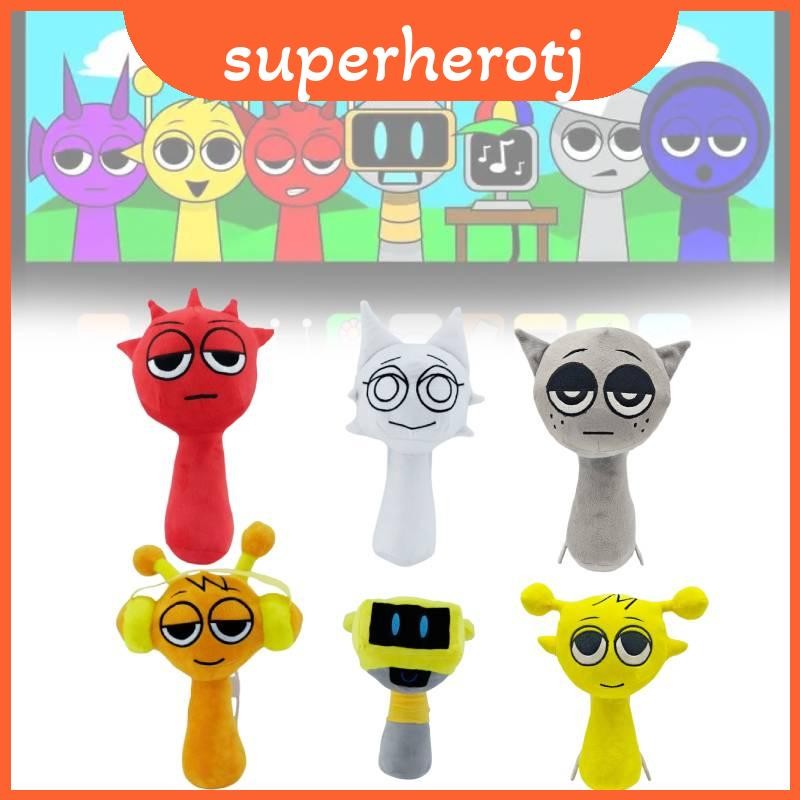 Sprunki ตุ๊กตาสีสันสดใส Plushie ของเล่นตุ๊กตามีจําหน่ายสีแดงสีเหลืองสีเทาสีส้ม Shades และ