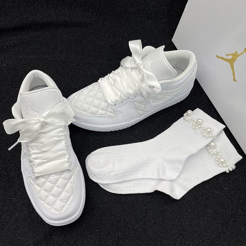 [ผ้า Multi-mei] เหมาะสําหรับ AJ1Low Pure White Chanel เชือกผ้าไหมสีขาวถุงเท้ามุก diy ริบบิ้นเชือกรอง