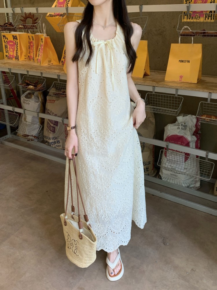 87442 ประณีตโครเชต์ Hollow เย็บปักถักร้อย Laced-Up หลวมแขนกุดกระโปรงยาว