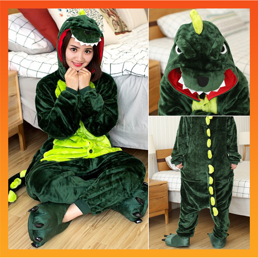 ฤดูหนาวผู้ใหญ่สัตว์สีเขียวไดโนเสาร์ Onesies ผู้หญิงผู้ชายชุดนอน Onepiece ฮาโลวีนคริสต์มาส Hooded Stitch Pikachu การ์ตูน Onesie เครื่องแต่งกาย