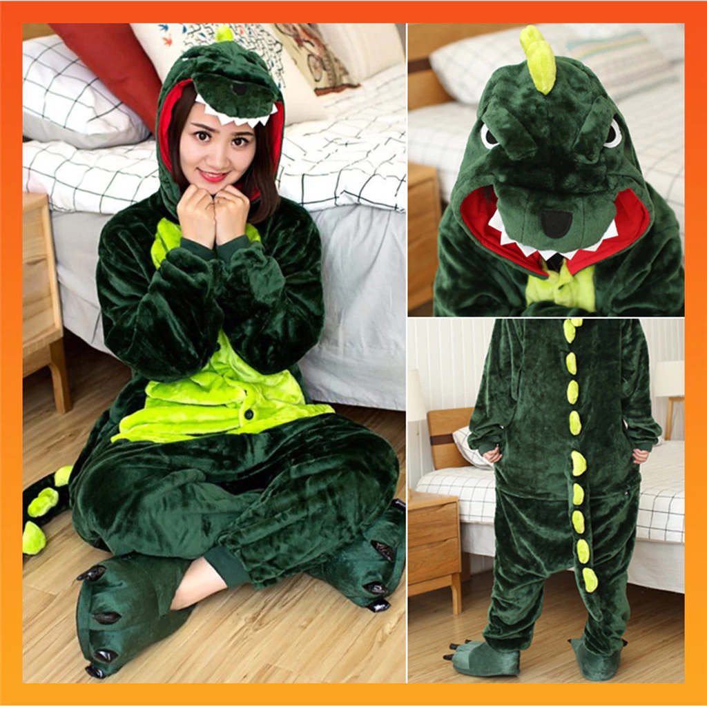 ฤดูหนาวผู้ใหญ่สัตว์สีเขียวไดโนเสาร์ Onesies ผู้หญิงผู้ชายชุดนอน Onepiece ฮาโลวีนคริสต์มาส Hooded Stitch Pikachu การ์ตูน Onesie เครื่องแต่งกาย