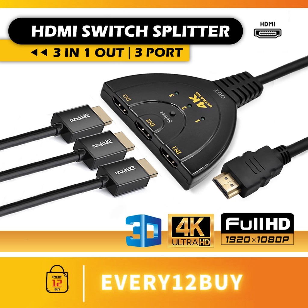 ในสต็อก HDMI 2.0 Switcher 4K HDMI Switch HDMI Splitter Adapter Cable 3 Port 3X1 (3 in 1 Out) AUTO Sw