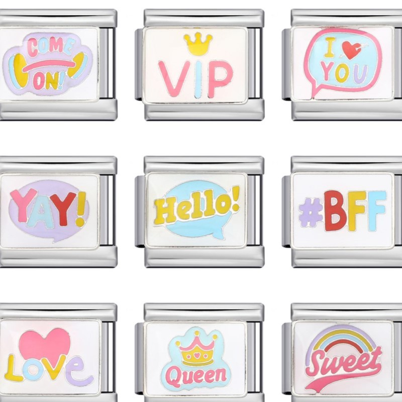 Girlish Y2k น่ารักสีชมพู VIP YAY LOVE BFF HELLO อิตาเลี่ยน Charm Link Fit 9 มม.สร้อยข้อมือสแตนเลส DI