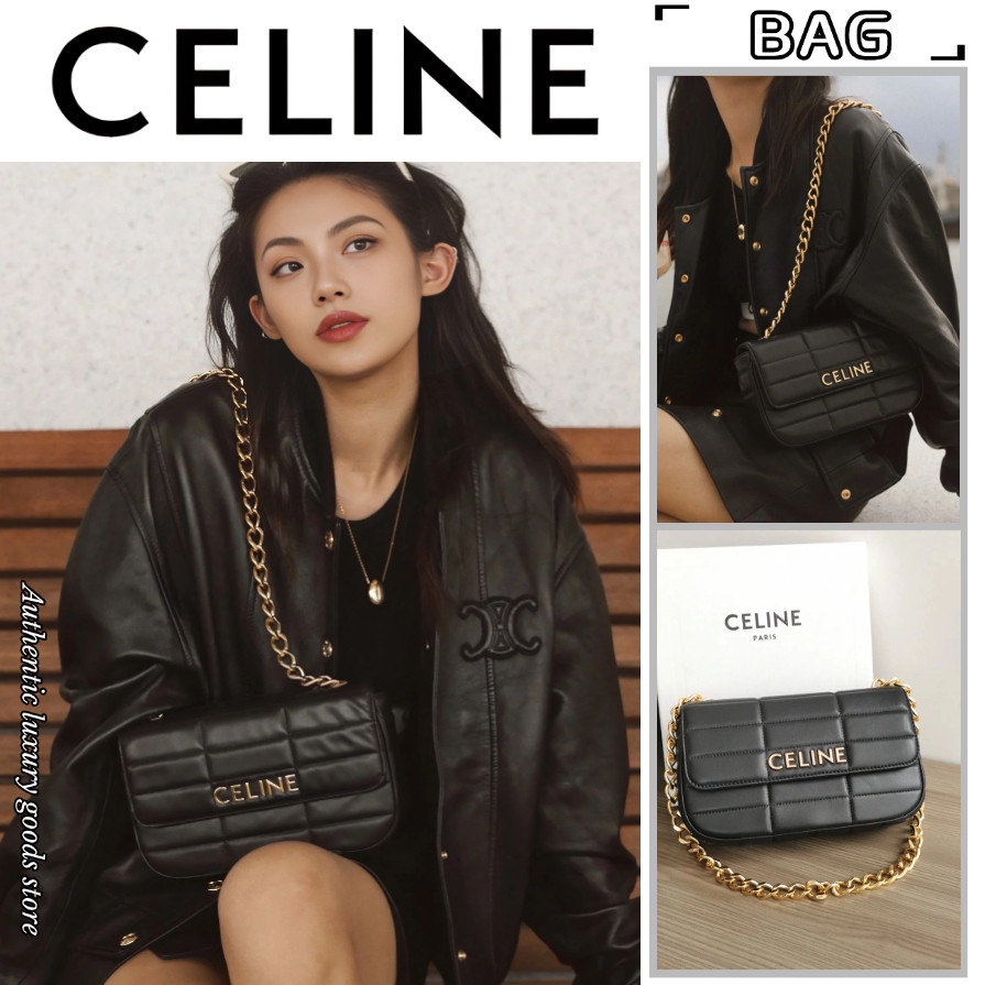 ♞,♘,♙เซลิน  CELINE MATELASSE MONOCHROME กระเป๋าสะพายโซ่หนังแกะผ้า/กระเป๋าผู้หญิง/กระเป๋าสะพายข้าง X