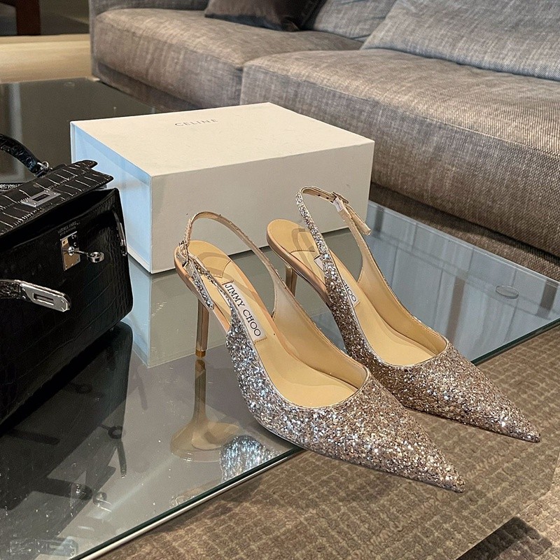 8ซม. Jimmy Choo รองเท้าส้นสูงฤดูใบไม้ผลิและฤดูร้อนแฟลชชิปชี้ทอง Glitter หนังแกะด้านบนซับฤดูร้อนรองเ
