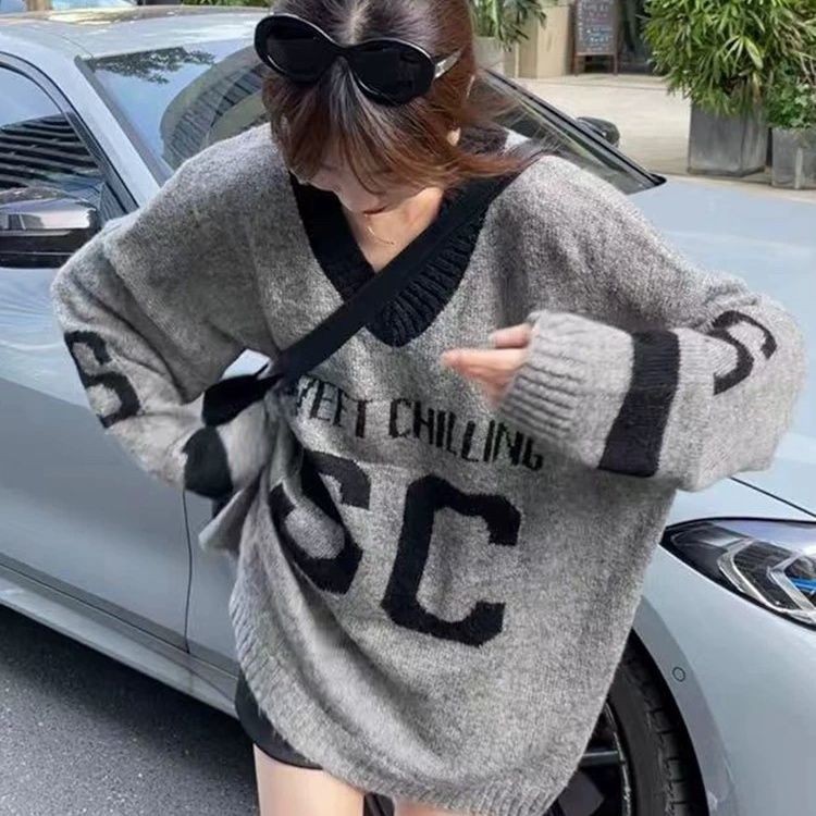 เสื้อกันหนาว Lazy High-End สีเทา Preppy สไตล์กลางความยาวเสื้อถักผู้หญิง