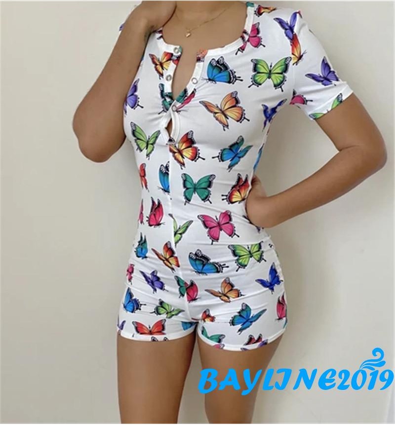 ในสต็อก BAY-ผู้หญิงเซ็กซี่บอดี้สูทแขนสั้นคอวีลึก Leotard Jumpsuits กางเกงขาสั้นชุดนอนชุด