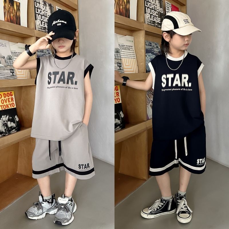 Cokids🌼 ชุดแขนกุดเด็กผู้ชาย,เสื้อกั๊กเสื้อผ้าเด็กโต,ชุดกางเกงขาสั้นห้าจุดสุดหล่อสำหรับเด็กผู้ชาย