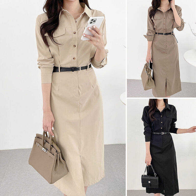 ▣ ผู้หญิง คอปก แขนยาว Midi เดรส Casual Soild Shirt Dress (สไตล