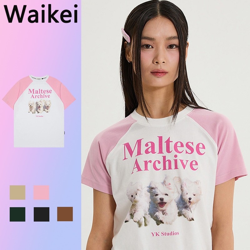 ♞,♘,♙Waikei Maltese archive raglan half sleeve เสื้อเกาหลี พิมพ์ oversize ลายลูกสุนัข เสื้อแขนสั้น