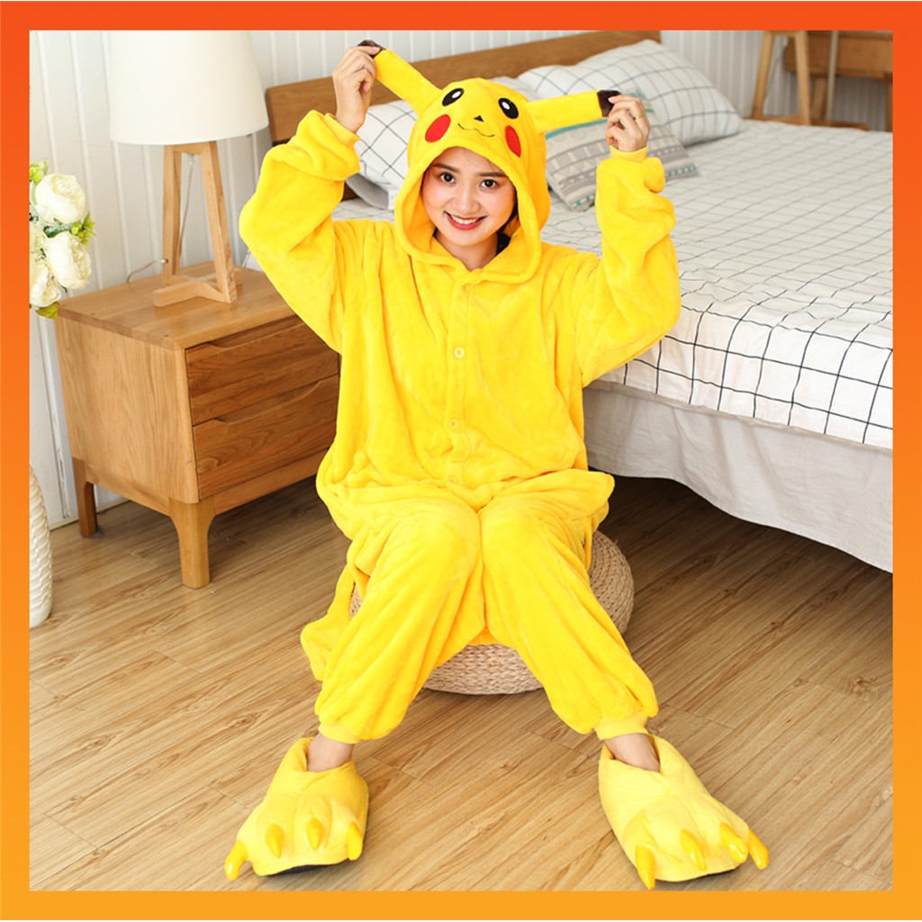 ชุดนอน Kigurumi ผู้หญิง/ผู้ชาย แขนยาว ลายสัตว์น่ารัก Pikachu Stitch ไดโนเสาร์ Onesies