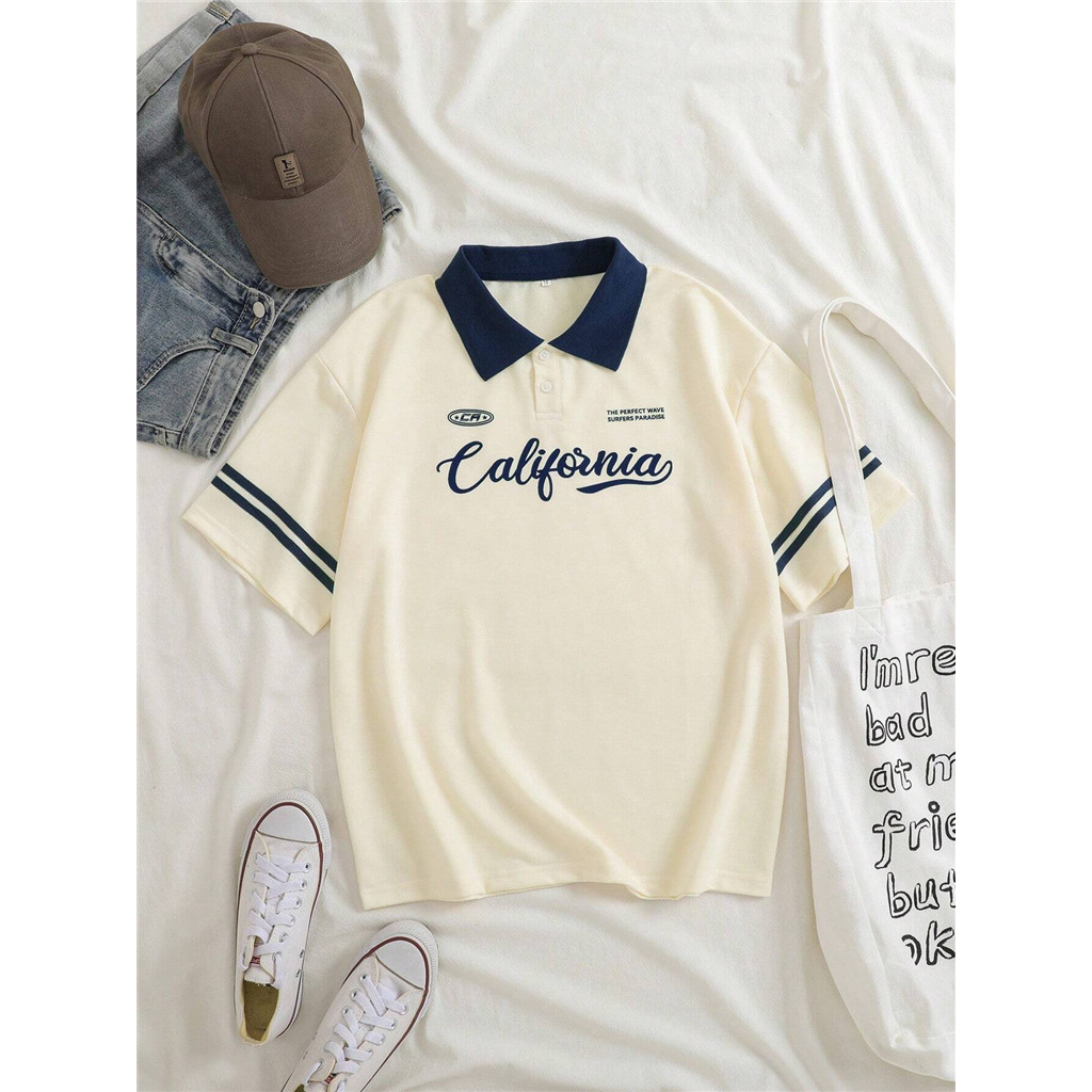 INAWLY Letter Graphic Contrast Collar Tee Graphic Tees Women Tops POLO