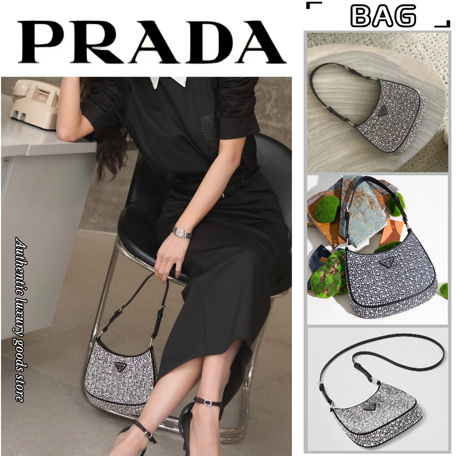 ♞,♘PRADA  ปราด้า  Prada Cleo กระเป๋าถือผ้าซาตินประดับคริสตัล/กระเป๋าผู้หญิง/กระเป๋าสะพายไหล่/ล่าสุด