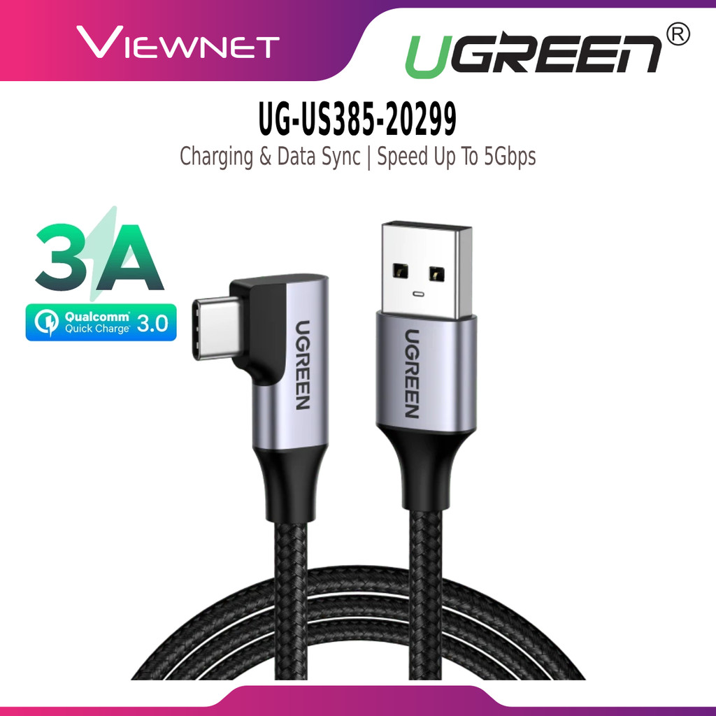 UGREEN US385 USB-A MALE TO USB C QC3.0 3A TYPE C CABLE 90 DEGREE ANGLED TRANSFER DATA UP TO 5GBPS 1M