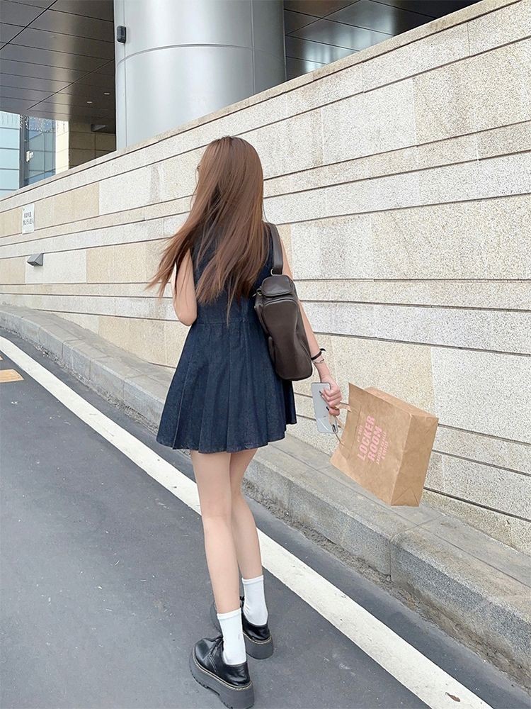 Retro Art ชุดเดรสเสื้อกั๊กยีนส์ผู้หญิงฤดูร้อนสไตล์ใหม่