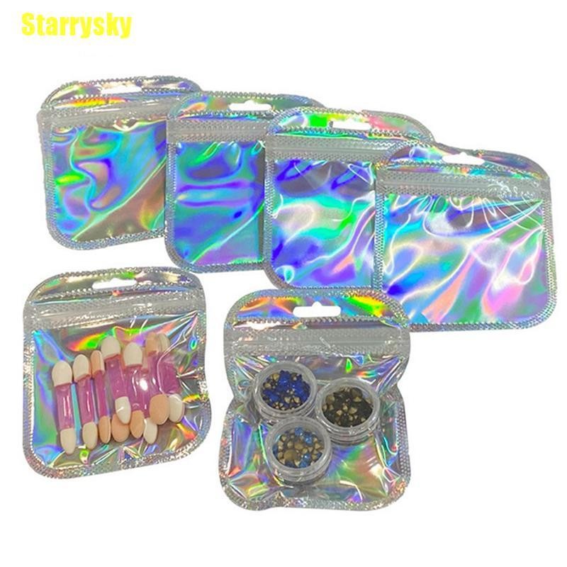 ในสต็อก [Starrysky] 50 ชิ้นเลเซอร์อลูมิเนียมฟอยล์ Mylar Zip Lock กระเป๋าบรรจุภัณฑ์ถุงขนมแบบใช้ซ้ําได้