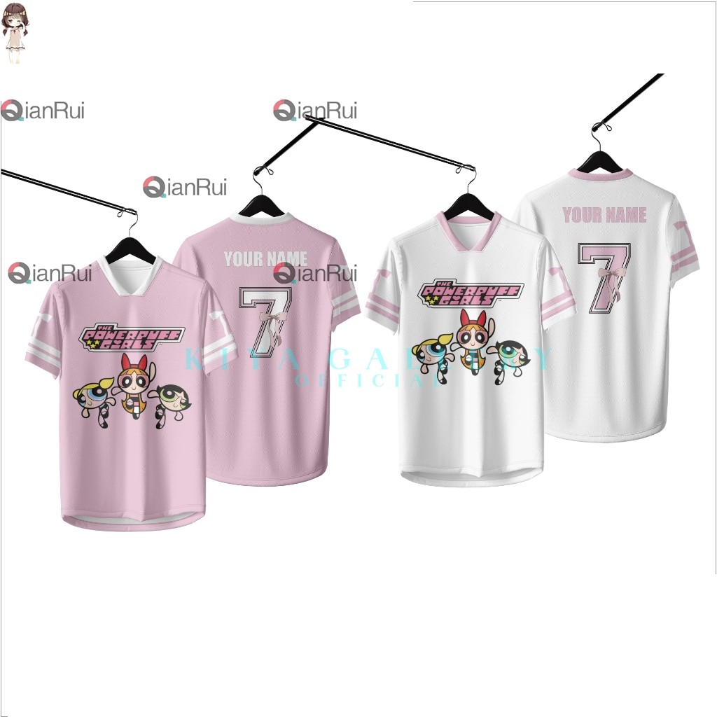 JERSEY POWERPUFF GIRL สีชมพู่และขาว พิมพ์เต็มตัว แถมการ์ดนามetag dan nomor gratis