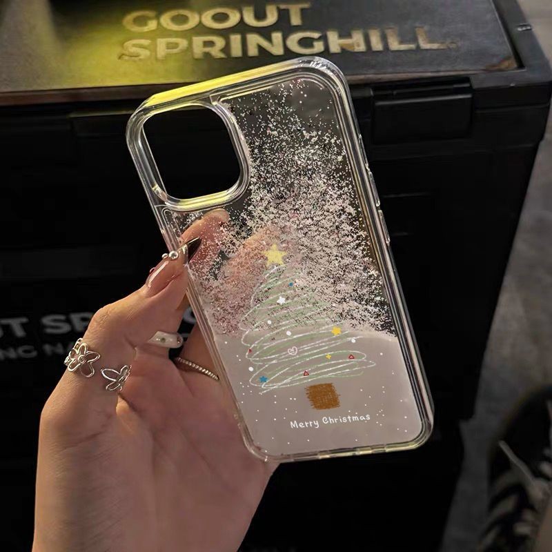 ไหลหิมะโปร่งใสเคสโทรศัพท์สําหรับ Niche IPhone 15promax/16 Apple 14/XSMAX เคสโทรศัพท์ 13/XR นุ่ม 12 Creative 11/XS Anti Drop 7/8 PLUS โรแมนติกต้นคริสต์มาส