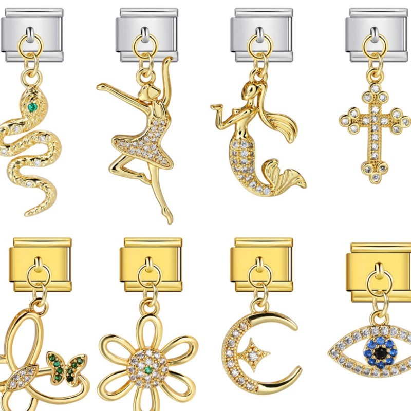 แฟชั่นหรูหราฝัง CZ งูเต้นรําสาวข้ามผีเสื้อจี้อิตาลี Charm Link Fit สร้อยข้อมือสแตนเลส 9 มม.