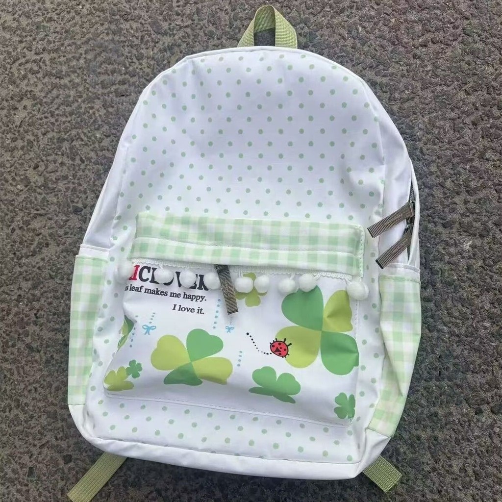 [ป่าสีเขียว] กระเป๋านักเรียนหวานน่ารัก Four-Leaf Clover Polka Dot Pompom Fresh นักเรียนความจุขนาดใหญ่ทั้งหมด @-