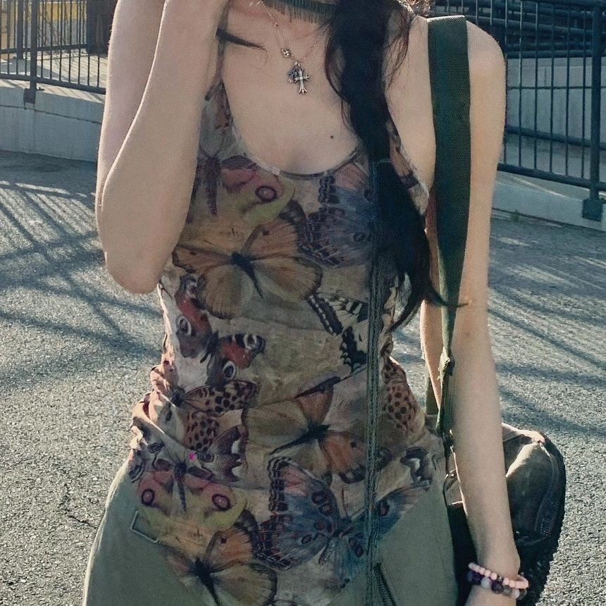 Retro Hot Girl Butterfly พิมพ์ผ้ากอซ Camisole ฤดูร้อนสไตล์ใหม่ไม่สม่ําเสมอเซ็กซี่ Slim-fit ด้านนอกผู้หญิง - รูปที่ 6