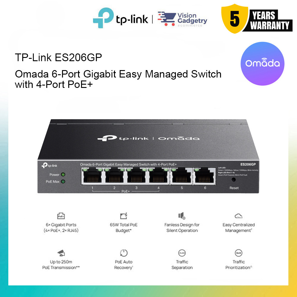 TP-Link ES206GP Omada 6-Port Gigabit Easy Managed Switch พร้อม PoE 4-Port+