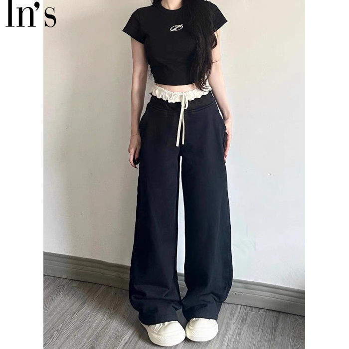 สีดําเย็บลูกไม้กางเกงลําลองผู้หญิงสไตล์ใหม่เอวสูงหลวมขากว้าง