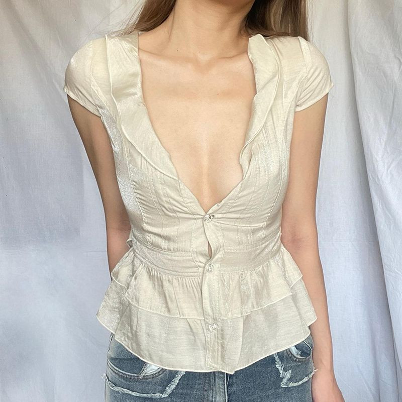 French Pure Desire Low-Cut Button Hot Girl Short-Sleeved Shirt Summer Light Sexy Narrow-Waist Solid Color Top
