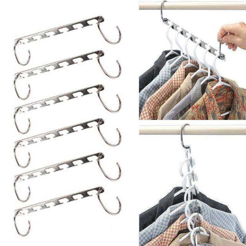 Stainless 6Pcs Iron Closet Hook Cloth Hanger Wardrobe Organizer Space Saver