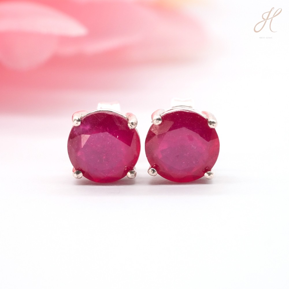 ต่างหูทับทิมกลม ชุบWG  6*6mm   Earring Ruby Stud 6*6mm