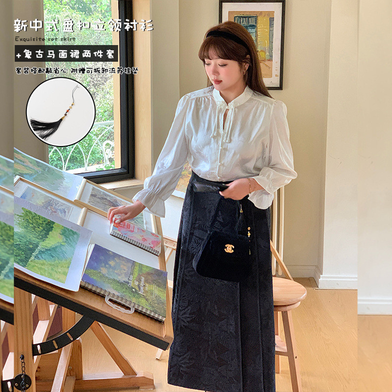 Double Day 2024 Spring Fat Sister เสื้อผ้าผู้หญิงไซส์ใหญ่ ใหม่สไตล์จีนติดกระดุมเสื้อคอปก+กระโปรงหน้า