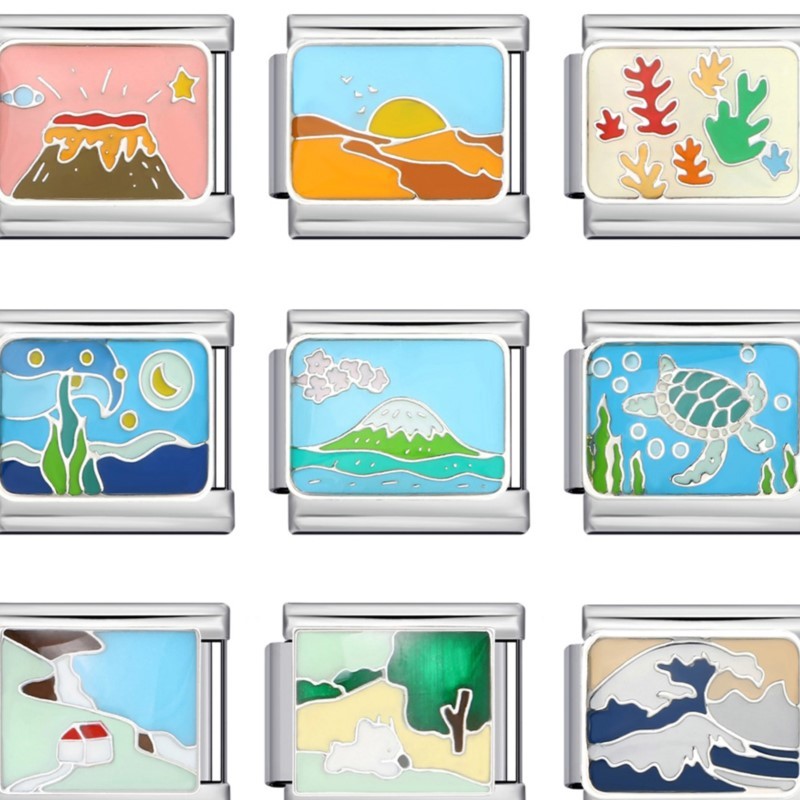 แฟชั่นผู้หญิงผู้ชาย Sea Mountain Volcano Desert Italian Charm Link Fit 9 มม.สร้อยข้อมือสแตนเลสทํา DIY เครื่องประดับลูกปัด