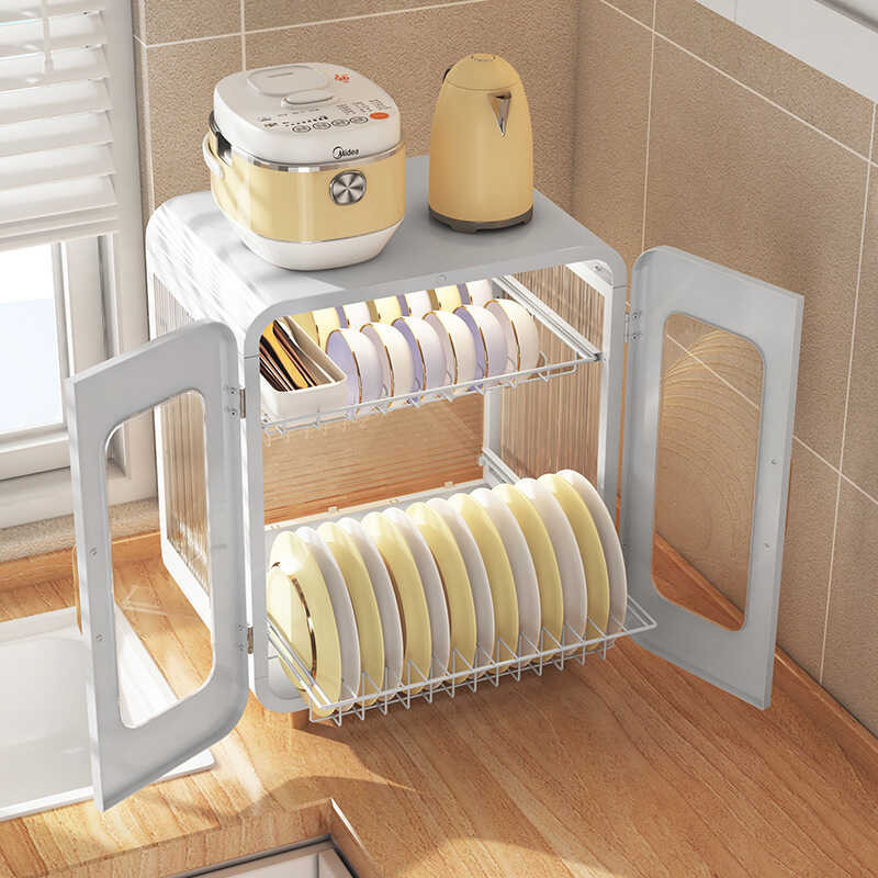 Drain Countertop Bowl Rack Double Dustproof Cupboard Kitchen Shelf Household With Water Tray Draw