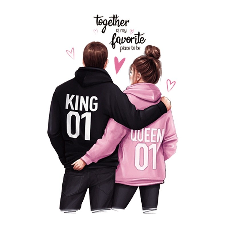 ในสต็อก King และ Queen Thermal Transfers Lovers Hoodies Tops A-Level Washable Thermal Press ไวนิล Di