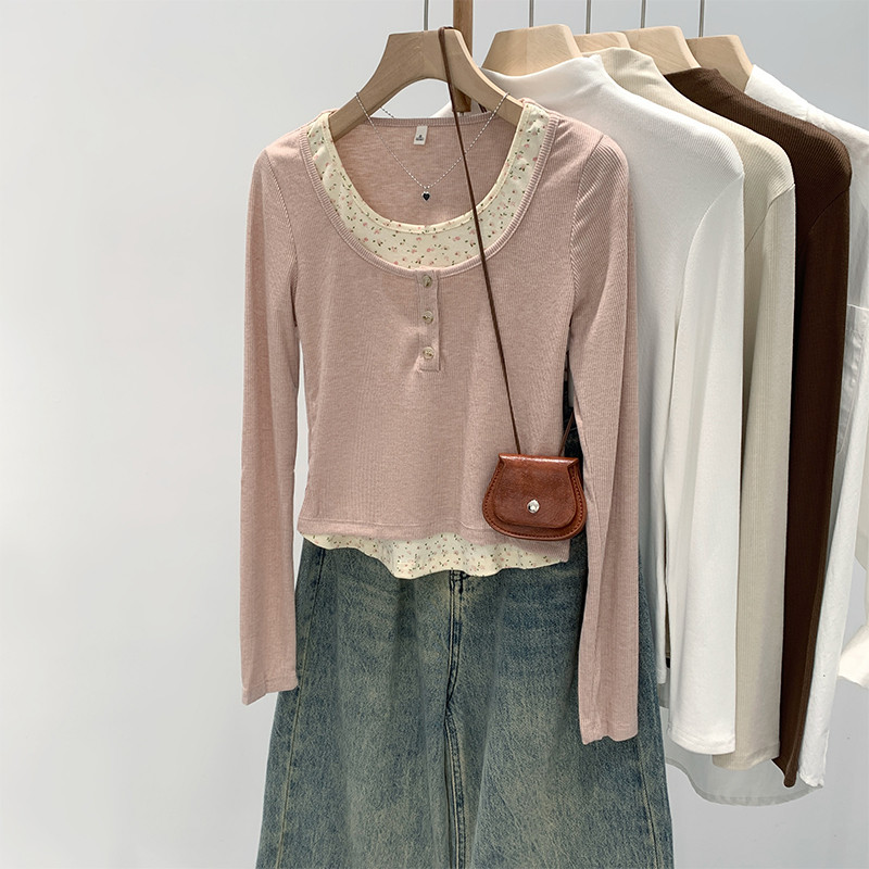 81600 เสื้อยืดแขนยาวสีเย็บปะติดปะต่อกันสองชิ้นปลอมลายดอกไม้