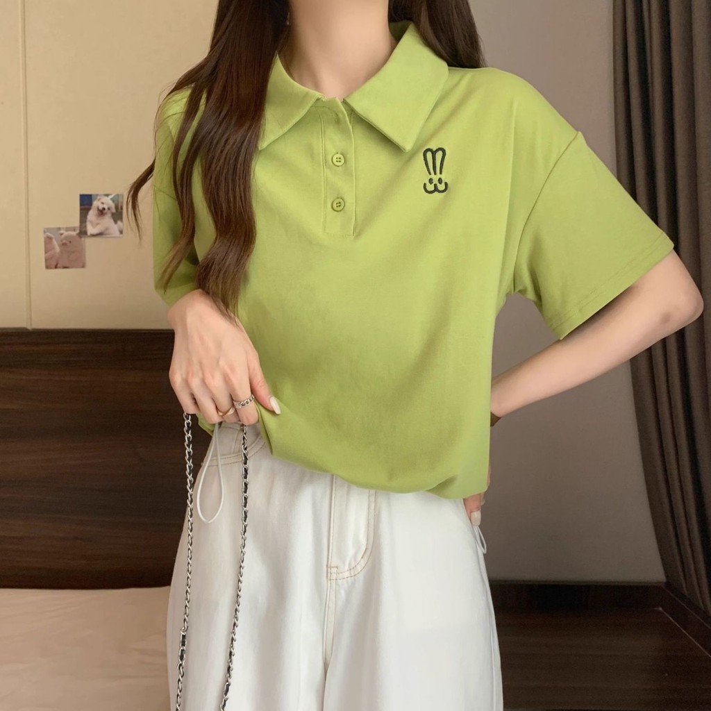 POLO Collar เสื้อยืดแขนสั้นผู้หญิงไหล่แท้