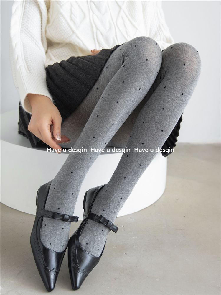 Have u desgin Retro Polka Dot Pantyhose miu Series ถุงน่องสีเทาหนาผู้หญิงฤดูใบไม้ร่วงฤดูหนาวผ้าไหมสีดําผ้าไหมสีขาวอบอุ่น Polka Dot Bottoming ถุงเท้า