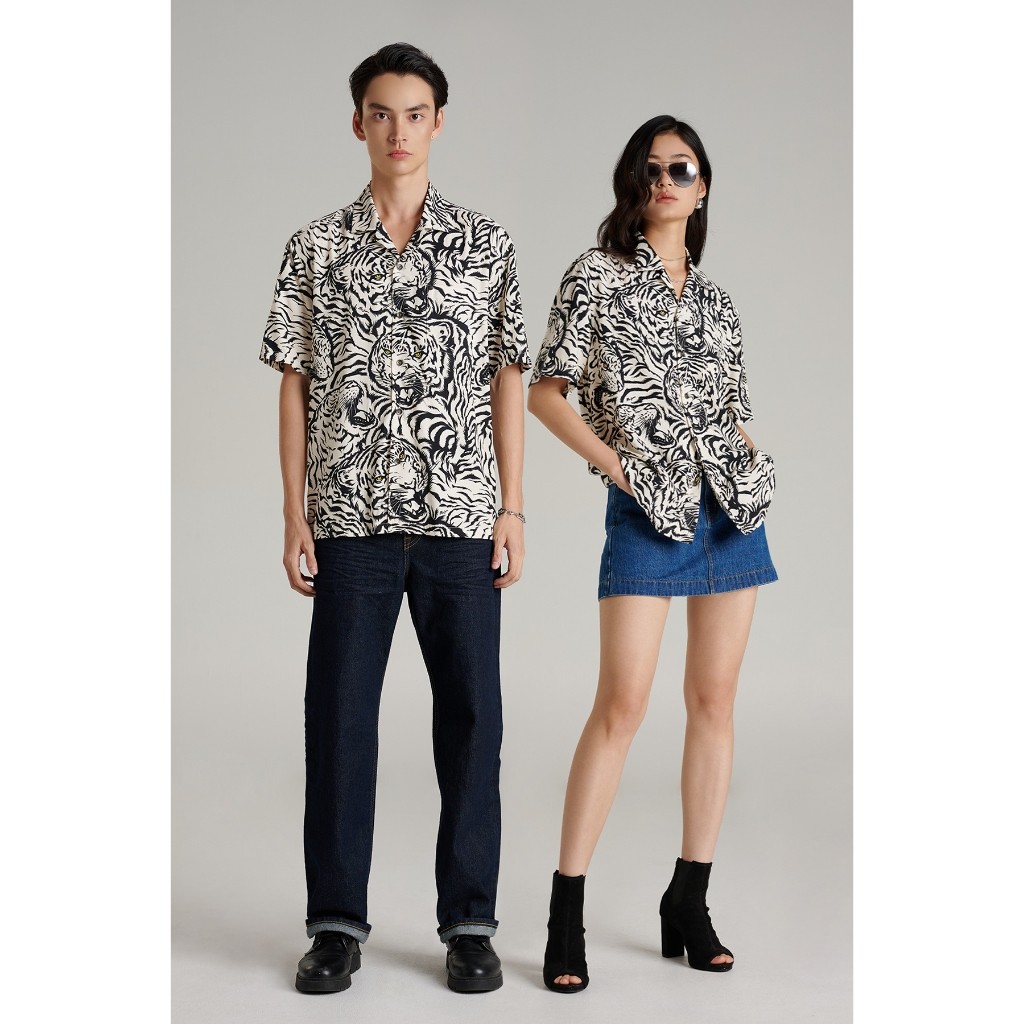 Mc jeans เสื้อเชิ้ต Unisex เสื้อฮาวายแขนสั้น สีดำ MSSZ255