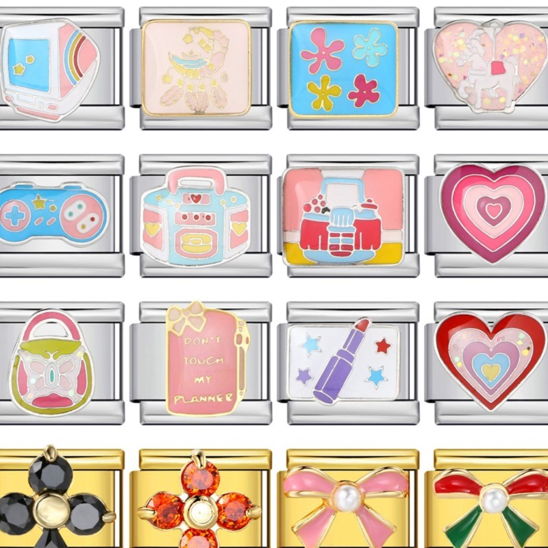 สีสัน Y2k การ์ตูนวิทยุลิปสติกหัวใจอิตาเลี่ยน Charm Link Fit 9 มม.สร้อยข้อมือสแตนเลส DIY ทําเครื่องประดับลูกปัด