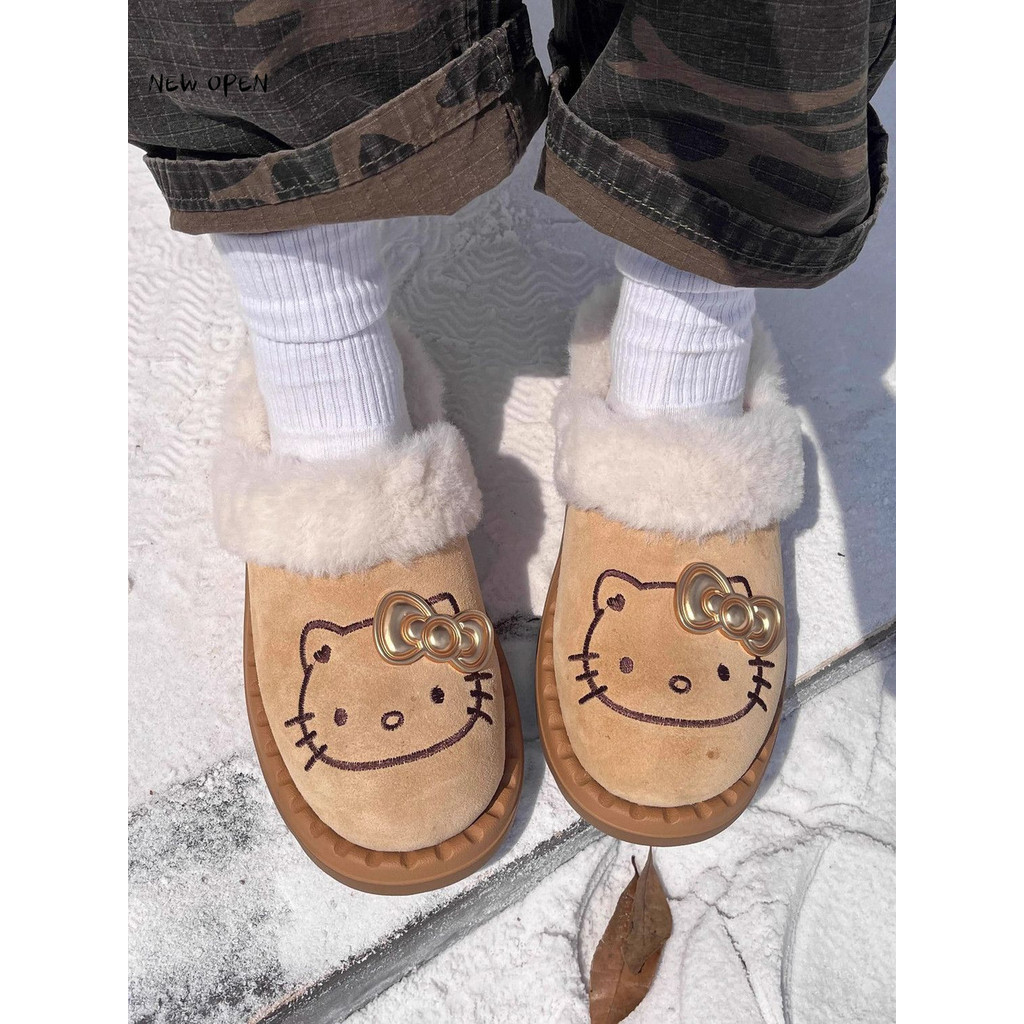 น่ารัก Hello Kitty แมวขนรองเท้าผู้หญิงฤดูหนาวสวมใส่ด้านนอกขนแกะอบอุ่นเป่าโถวครึ่งลื่นรองเท้าผ้าฝ้าย