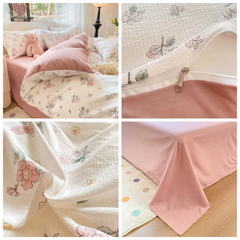 Ral Dansunreve With Quilt Seersucker Pink Duvet Cover 4 In 1 Bedding Bedsheet Set Single Queen Ki