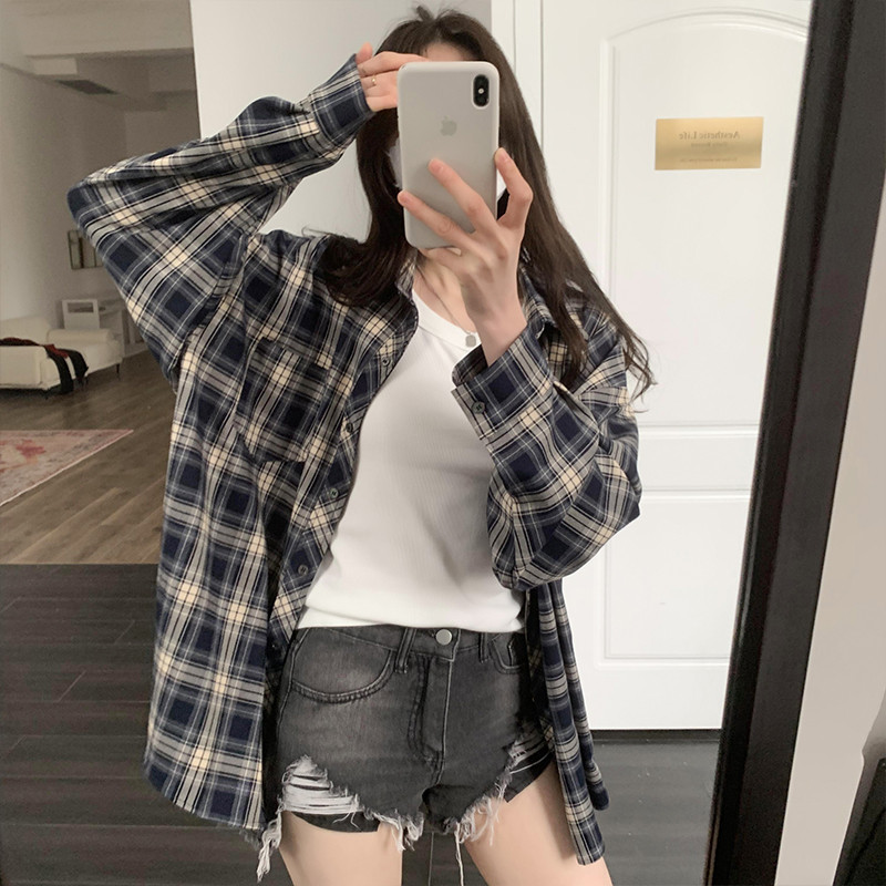 80556 คลาสสิกลายสก๊อตปกเสื้อลําลองหลวมผู้หญิง