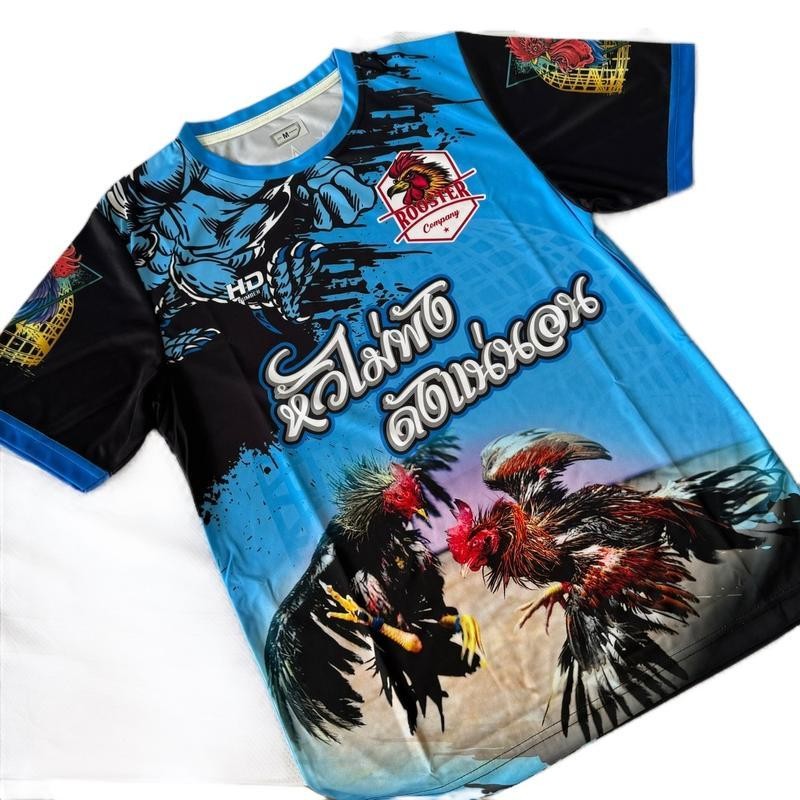 เสื้อพิมพ์ลายไก่ชน คอกลม สีแดง-สีน้ำเงิน สีดำ ผู้ชาย สีสด ใส่สบาย พร้อมส่ง