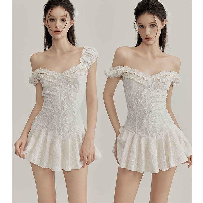 Shanmieleng Jacquard Lace Funer Edge Mini Short Dress กระโปรงเอวแคบฝรั่งเศสผู้หญิง